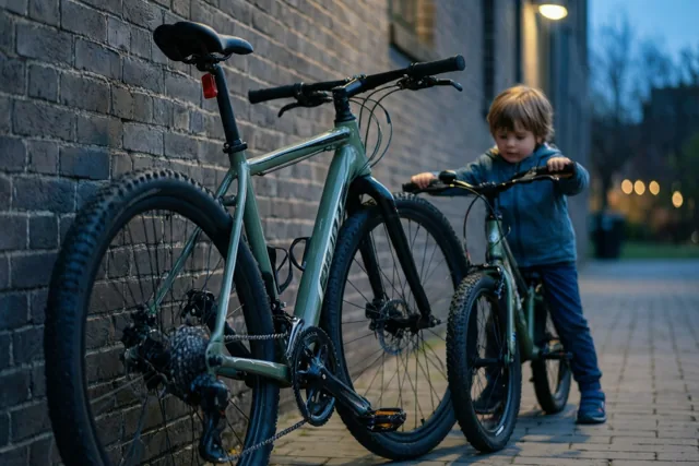 Een koersfiets en een kleine kinderfiets leunen op een verharde stoep tegen een donkere bakstenen muur, met warme straatverlichting in de schemerige achtergrond.