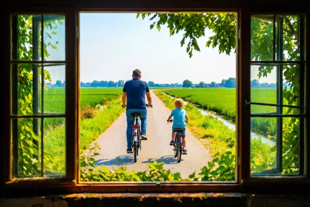 Door een open raam met groen eromheen zijn een vader en kind van achteren te zien terwijl ze over een verharde weg door groene polders fietsen.