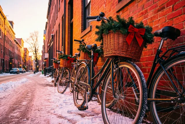 Fietsen met kerstslingers in hun manden staan tegen een rode bakstenen muur in een besneeuwde straat bij goudkleurig avondlicht.