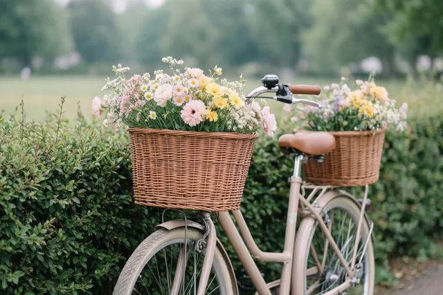 Twee fietsen met rieten manden vol roze, gele en witte bloemen leunen tegen elkaar naast een groene haag in een onscherpe tuinomgeving.