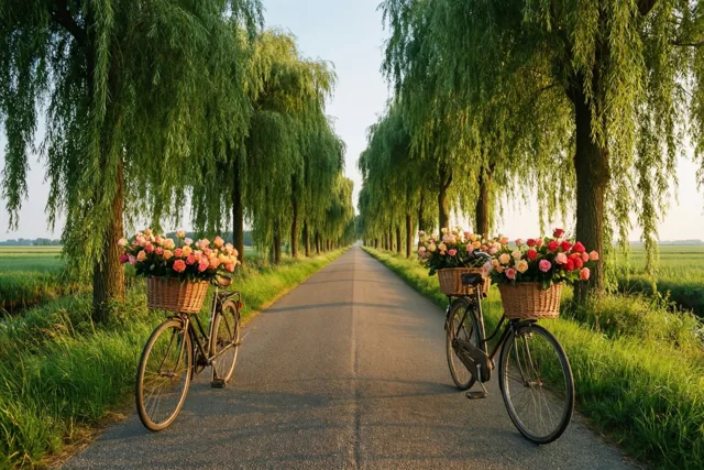 Twee oude fietsen met rieten manden vol roze en rode rozen staan op een verharde polderweg tussen rijen knotwilgen in gouden zonlicht.