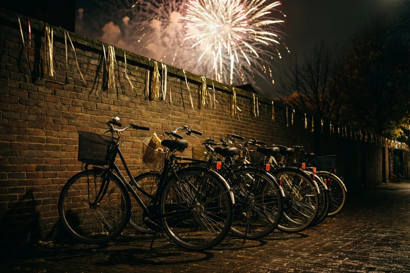 Een rij fietsen staat 's nachts tegen een bakstenen muur met gouden slingers langs de bovenrand, terwijl vuurwerk de donkere hemel en de omgeving verlicht.