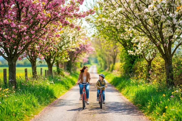 Een moeder en kind fietsen naast elkaar over een smal landweggetje tussen roze en wit bloeiende bomen, groen gras en wilde bloemen in helder zonlicht.