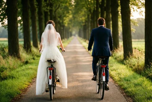 Een bruid met een witte trouwjurk en sluier en een bruidegom in een donker pak fietsen naast elkaar door een bomenlaan in warm gouden zonlicht, gezien van achteren.