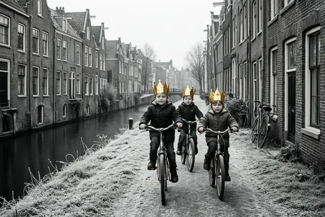 Drie kinderen met gouden papieren kronen fietsen over een berijpt pad langs een kanaal en oude bakstenen huizen, in zwart-wit met alleen de kronen in kleur.