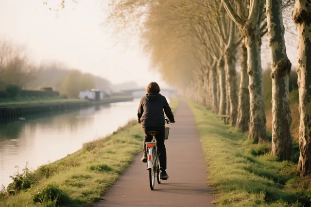 Een fietser rijdt van achteren gezien op een verhard pad langs een rustig kanaal, met hoge populieren aan één kant en grasoevers aan de andere in zacht warm licht.