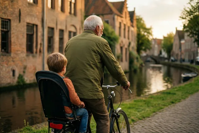 Een oudere man met wit haar fietst langs een kanaal met een klein kind in een fietsstoeltje achterop, voorbij oude bakstenen gebouwen in warm goudkleurig licht.