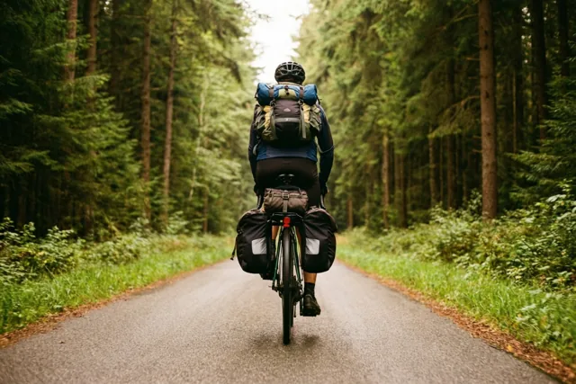 Een fietser met een grote rugzak en fietstassen rijdt alleen weg over een verharde weg door een dicht groen bos.