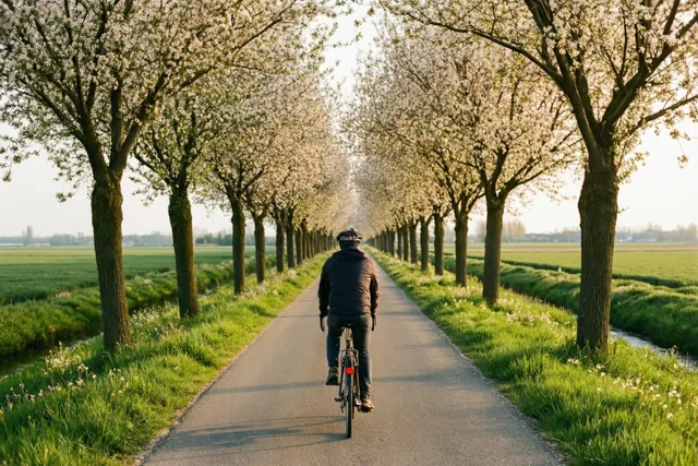 Een fietser rijdt van de kijker weg over een verharde polderweg tussen bomen met bleekwitte bloesems en groen gras in zacht, warm licht.