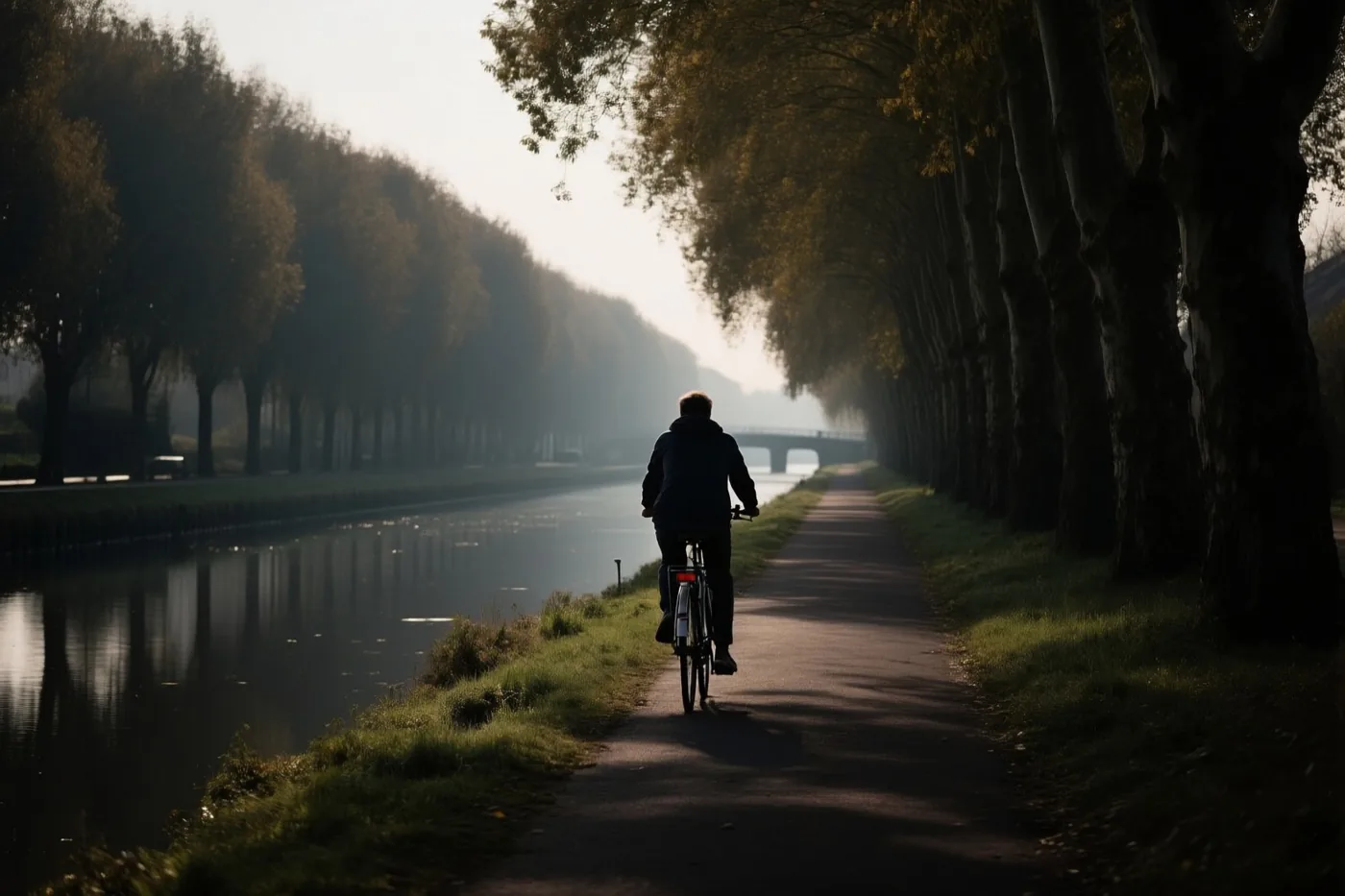 Een fietser rijdt van achteren gezien over een verhard pad naast een rustig kanaal, met aan weerszijden hoge populieren in nevelig goudkleurig licht.