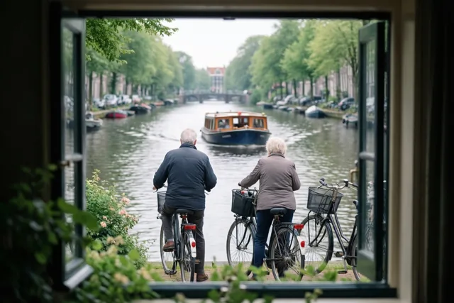 Door een open raam met groen op de voorgrond zie je een ouder koppel van achteren op de fiets wachten aan een kanaal terwijl een boot voorbijvaart.