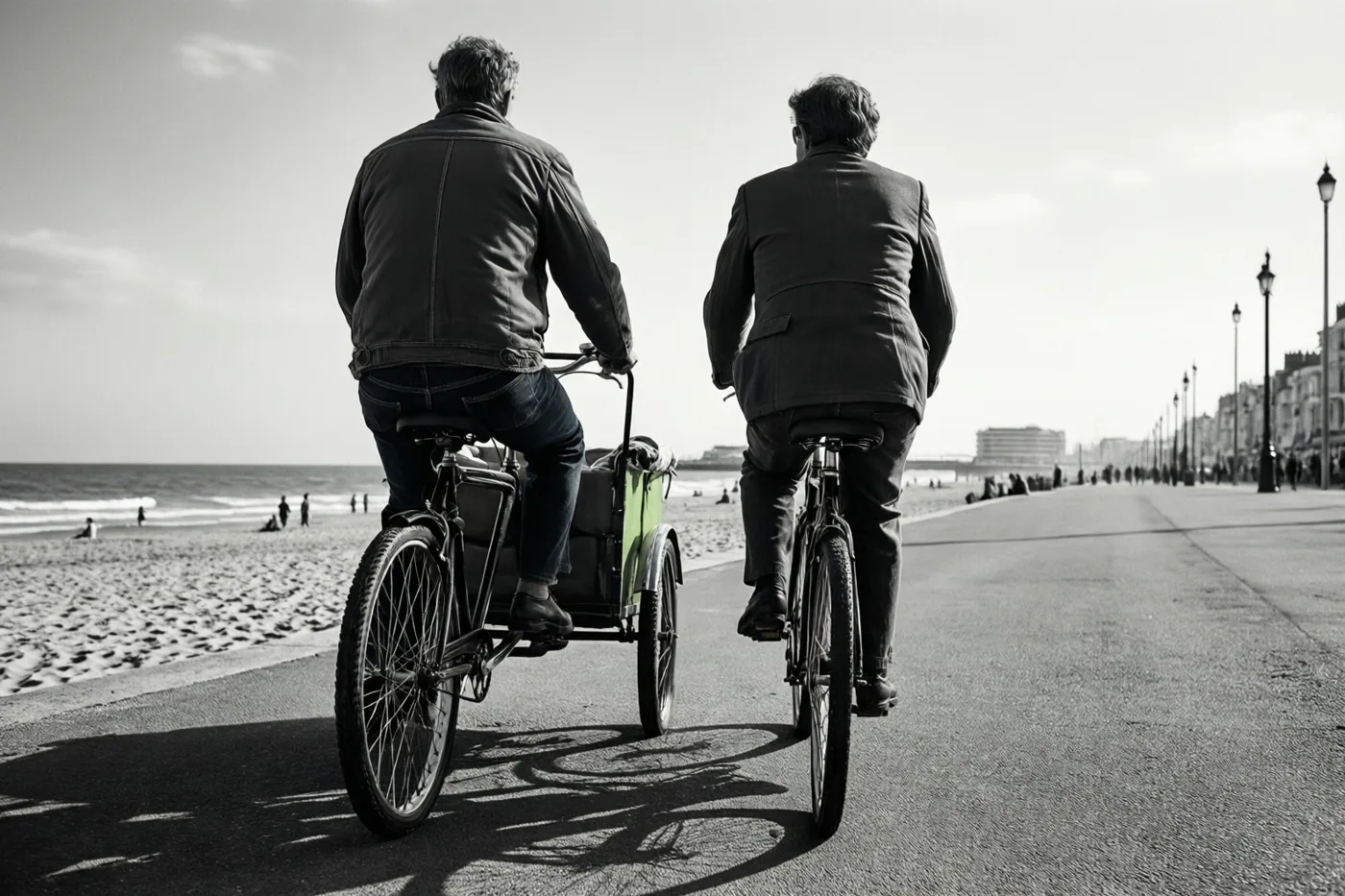 Twee mannen fietsen van achteren gezien over een zeedijk met het strand links van hen, op een zwart-witfoto.