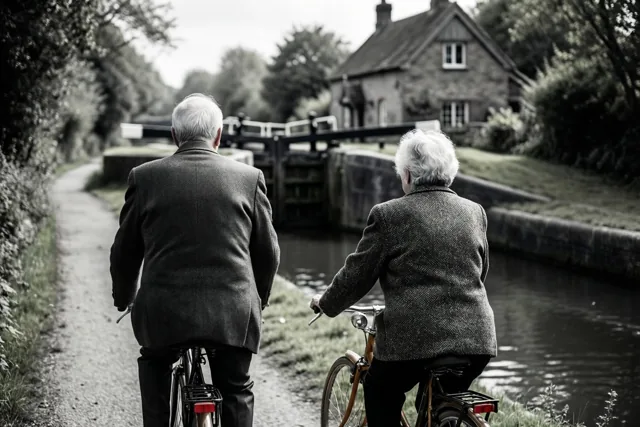 Een zwart-witbeeld toont een ouder koppel van achteren dat over een jaagpad langs een kanaal en een sluis fietst.
