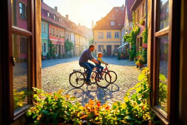 Door een open raam met planten op de voorgrond zijn een vader en kind te zien die naast elkaar over een dorpsplein met kasseien fietsen, langs kleurrijke gebouwen in warm ochtendlicht.