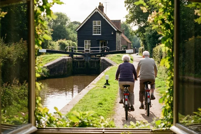 Door een open raam met groen ervoor is een ouder koppel van achteren te zien dat langs een kanaal fietst en een sluiswachtershuisje passeert.