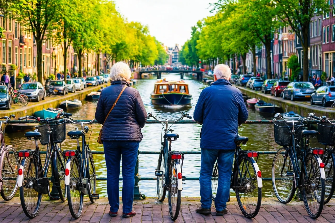 Een ouder koppel staat met fietsen op een bakstenen pad langs een kanaal en kijkt naar een voorbijvarende boot, met bomen, kleurrijke gebouwen en geparkeerde auto's in helder daglicht.