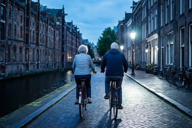 Van achteren gezien fietst een ouder koppel naast elkaar over een kasseipad langs een kanaal met historische bakstenen gebouwen en brandende straatlampen bij schemering.