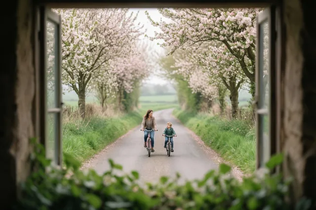 Door een open raam zie je een moeder en kind naast elkaar fietsen over een landweg met roze bloesembomen in zacht daglicht.