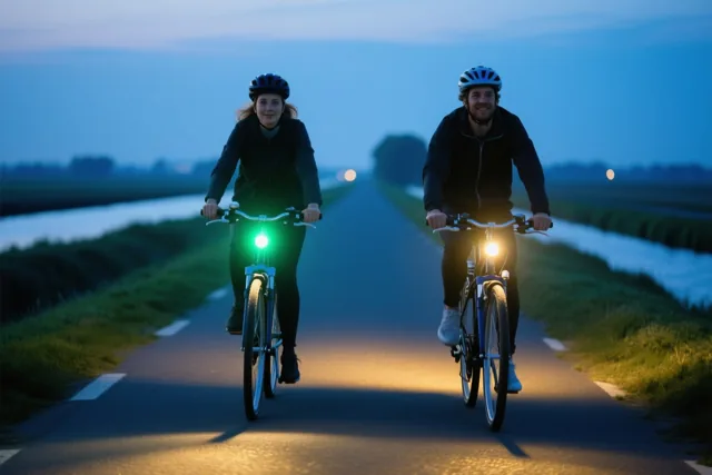 Twee mensen fietsen naast elkaar over een smalle verharde polderweg in de blauwe schemering, met warmgele koplampen op hun fietsen.