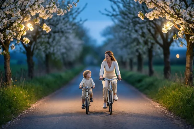 Een moeder en kind fietsen naast elkaar op een smalle landweg met bloeiende bomen, in zacht warm licht onder een schemerblauwe hemel.