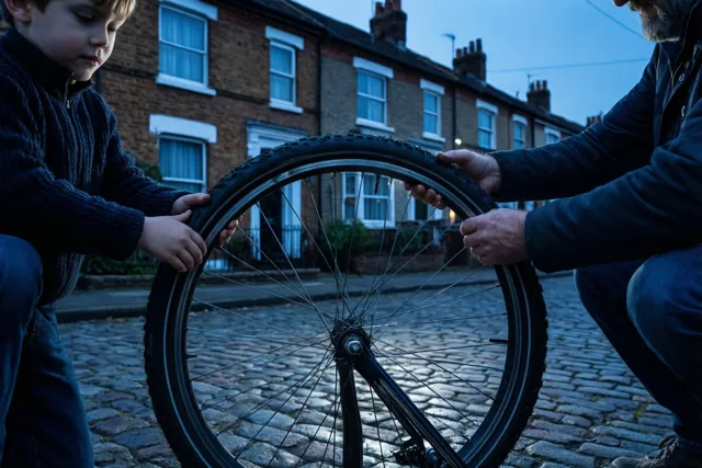 Een man en een jonge jongen herstellen samen een fietswiel op een kasseistraat voor een bakstenen rijhuis, in de blauwe en grijze tinten van de schemering.