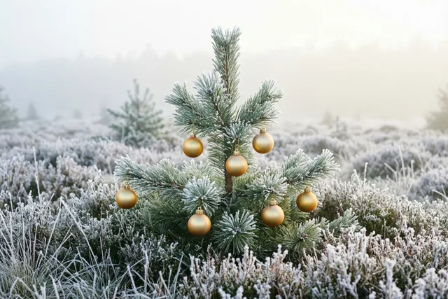 Een kleine fijnspar met gouden kerstballen staat op een berijpte heide tussen nevelige begroeiing in zacht licht.