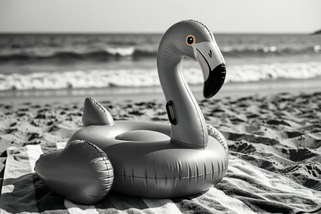 Op een zwart-witfoto ligt een opblaasflamingo op een gestreepte strandhanddoek op het zand, met zeegolven op de achtergrond.