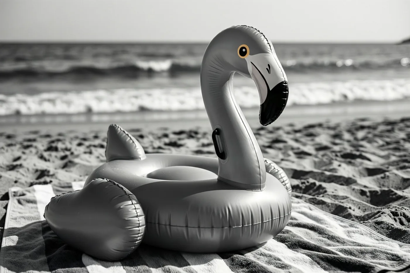 Op een zwart-witfoto ligt een opblaasflamingo op een gestreepte strandhanddoek op het zand, met zeegolven op de achtergrond.