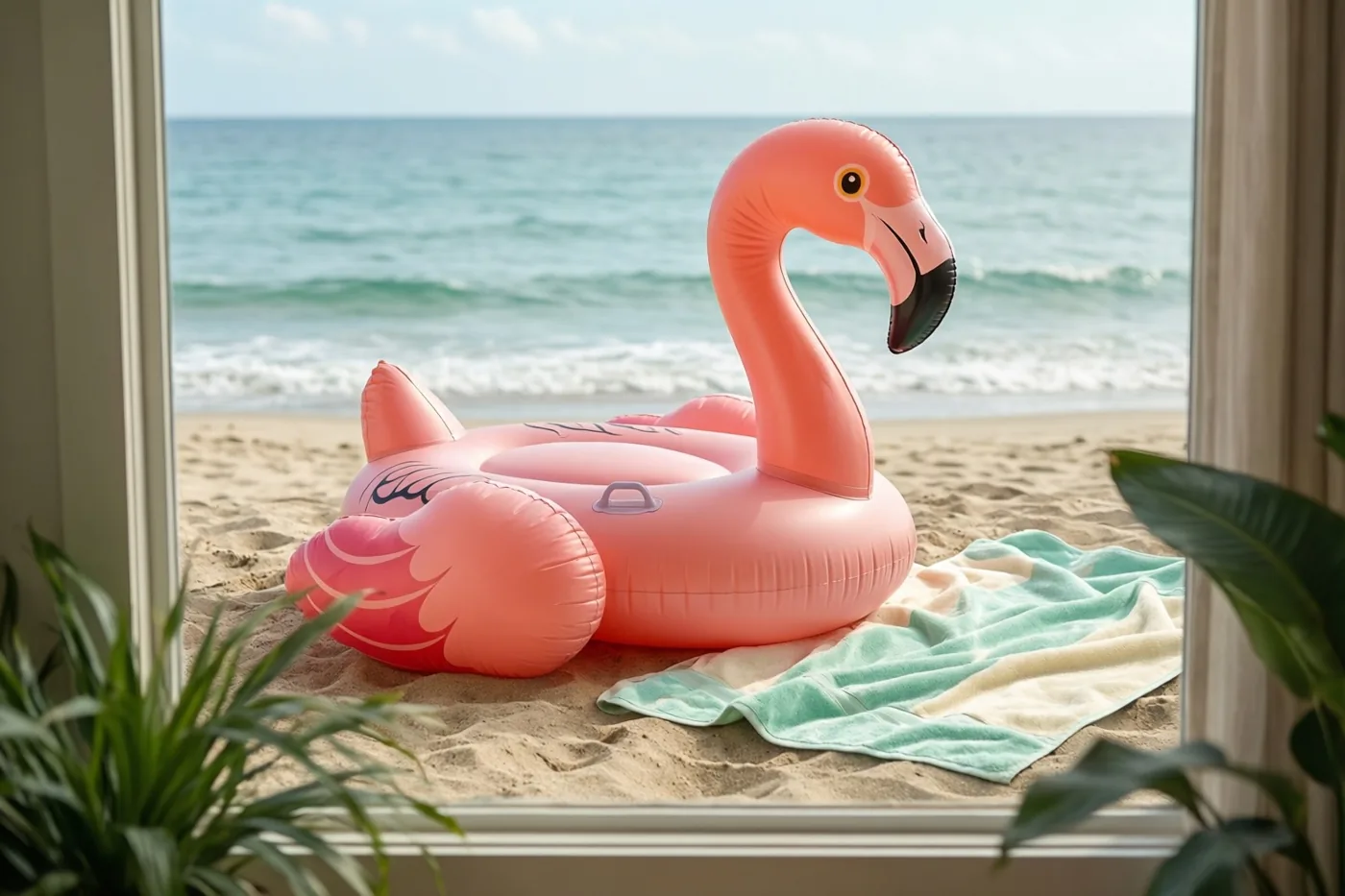 Een roze opblaasflamingo ligt op het zand naast een opgevouwen strandhanddoek, met de zee en de lucht zichtbaar door een raamkader.