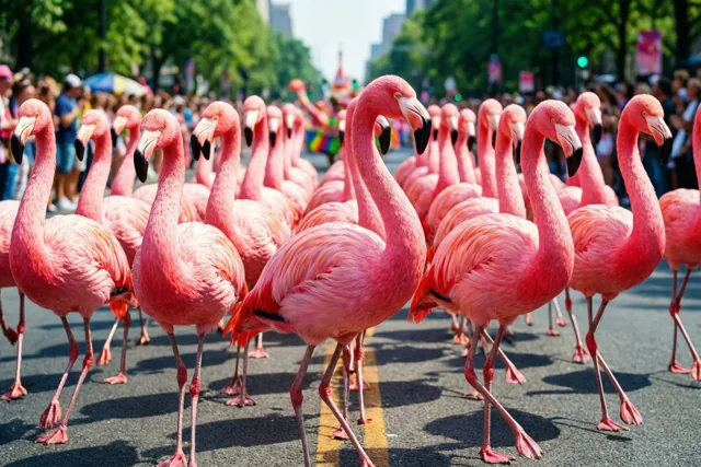 Een grote groep roze flamingo’s marcheert bij helder daglicht in formatie over een grijze stadsstraat, met toeschouwers op de voetpaden en groene bomen op de achtergrond.
