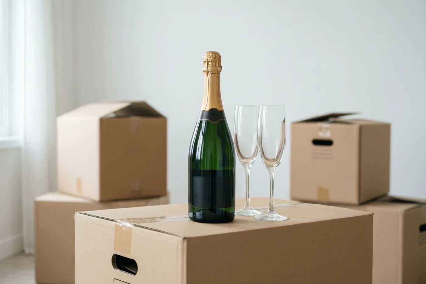 Een fles champagne en twee champagneglazen staan op een stapel kartonnen verhuisdozen in een lichte, witte kamer.