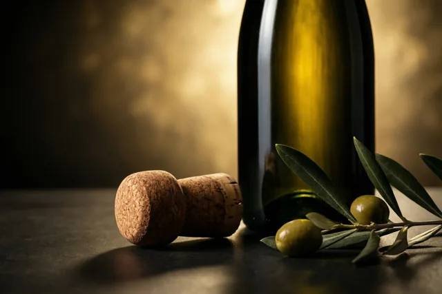 Een stilleven toont een donkergroene fles, een kurk en een olijftak op een donkere ondergrond in warm licht met goudbruine tinten.