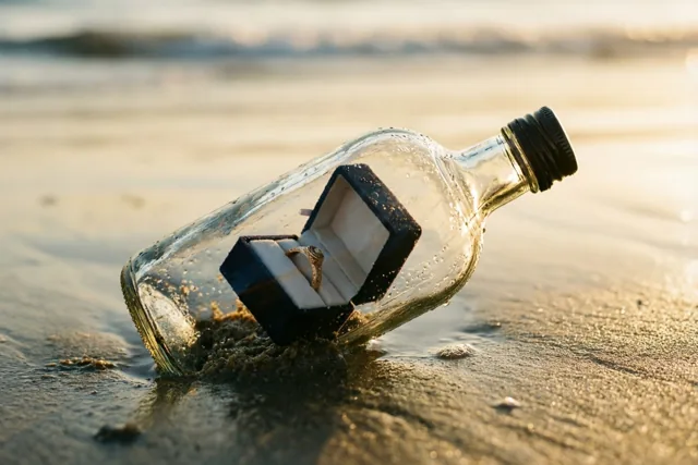 Een glazen fles met een ringdoosje erin ligt bij eb op nat zand in warm goudkleurig licht.