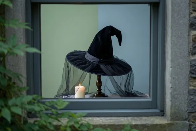 Een zwarte fluwelen heksenhoed met een doorschijnende sluier staat op een houten standaard in een raam naast een brandende witte kaars, omgeven door een stenen muur en deels zichtbaar groen gebladerte.
