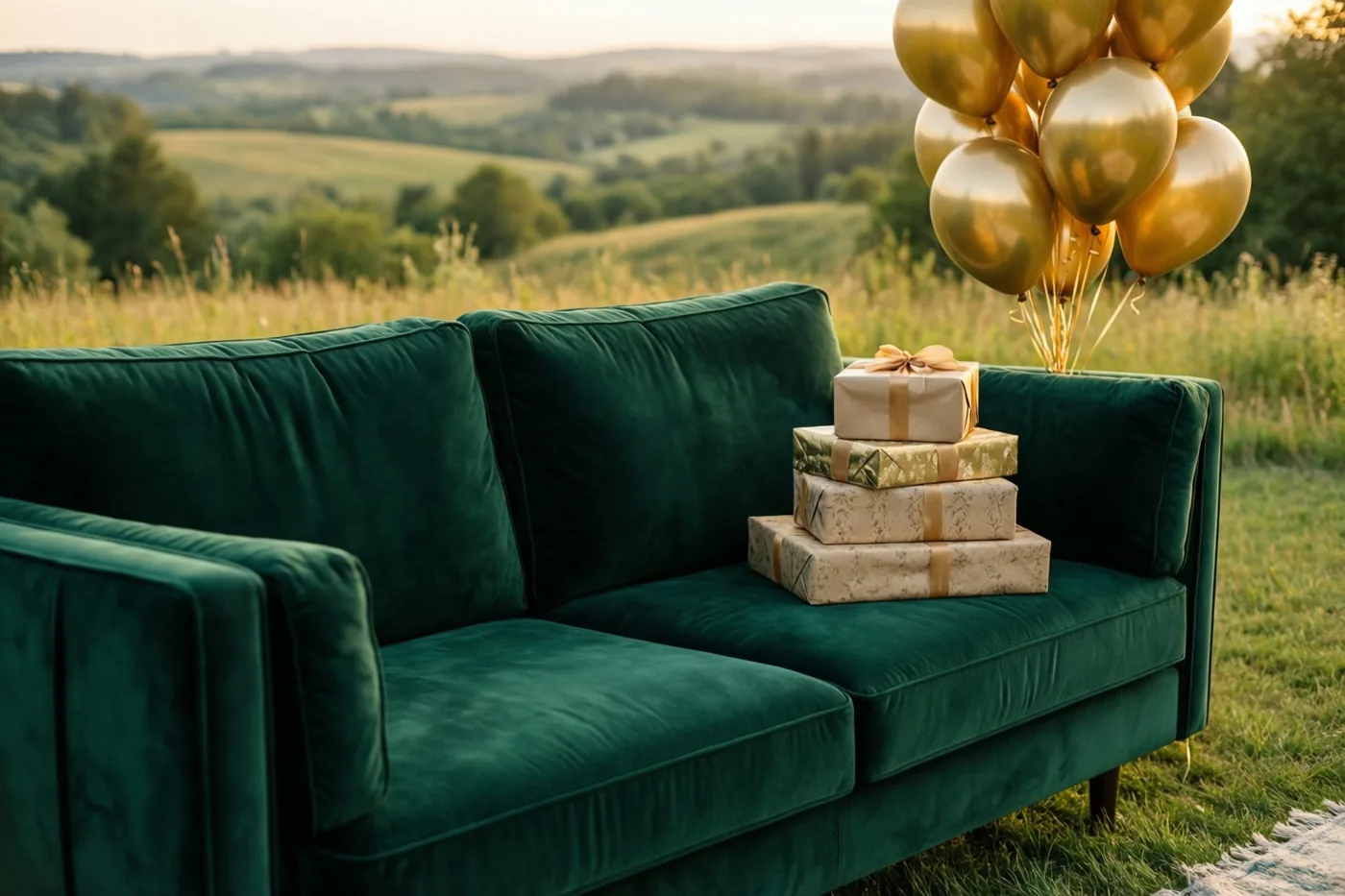 Een diepgroene fluwelen zetel staat op gras met een stapel ingepakte cadeaus en gouden ballonnen, met glooiende groene heuvels in zacht goudkleurig licht op de achtergrond.