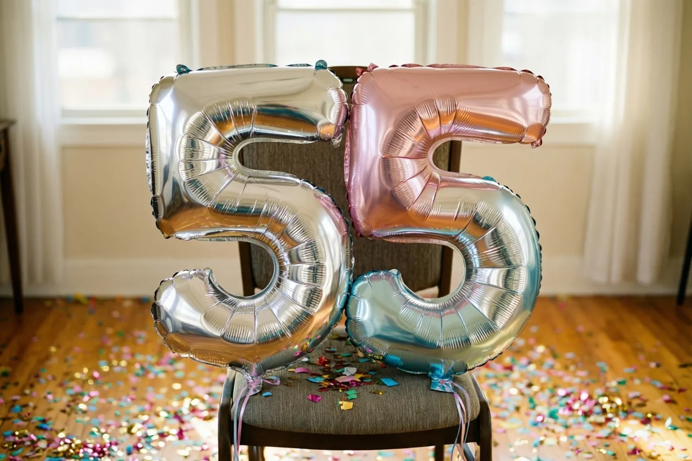 Zilveren en roségouden folieballonnen vormen 55 aan een stoel in een lichte kamer met confetti op de houten vloer.