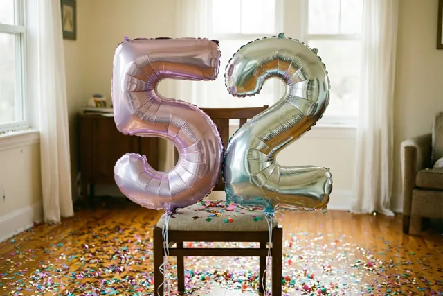 Twee grote folieballonnen in de vorm van 5 en 2 zijn vastgebonden aan een houten stoel in een lichte kamer met confetti op de vloer en witte gordijnen voor de ramen.