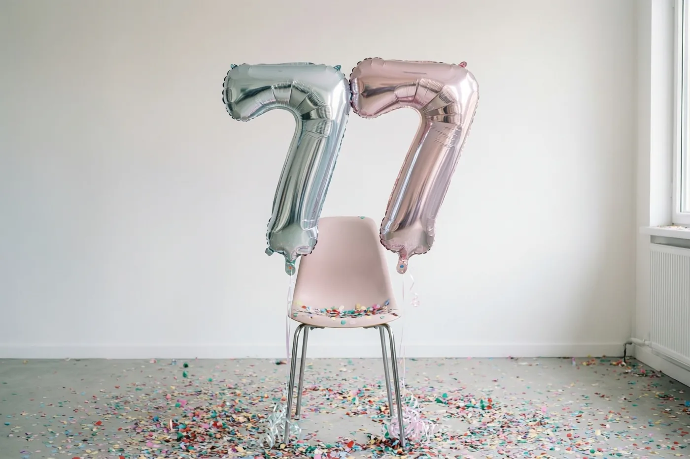 Twee grote folieballonnen in de vorm van 77 hangen aan een roze stoel in een lichte kamer met een witte muur, een raam en confetti op de vloer.