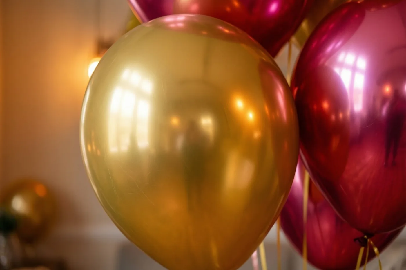 Gouden en roze folieballonnen weerspiegelen elkaar in zacht warm feestlicht, met een onscherpe achtergrond.
