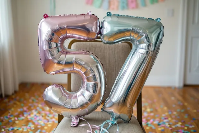 Twee grote folieballonnen in de vorm van 5 en 7 hangen aan een stoel in een lichte kamer met kleurrijke confetti op de vloer en pastelversieringen op de achtergrond.