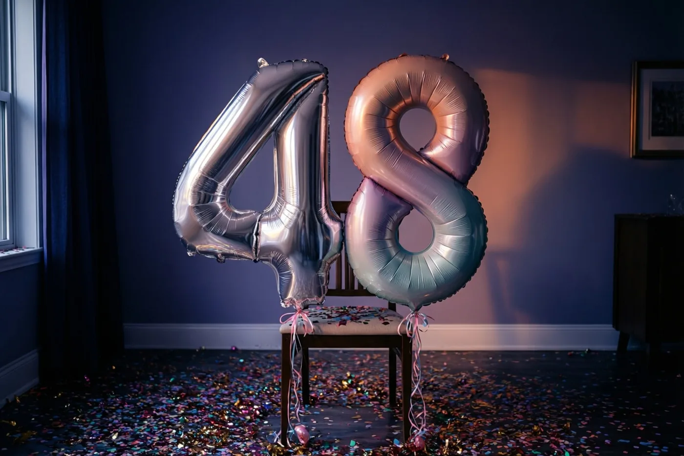 Twee grote folieballonnen vormen 48 aan een stoel in een kamer met confetti op de vloer, een donkerblauwe muur en rechts een ingelijste afbeelding.