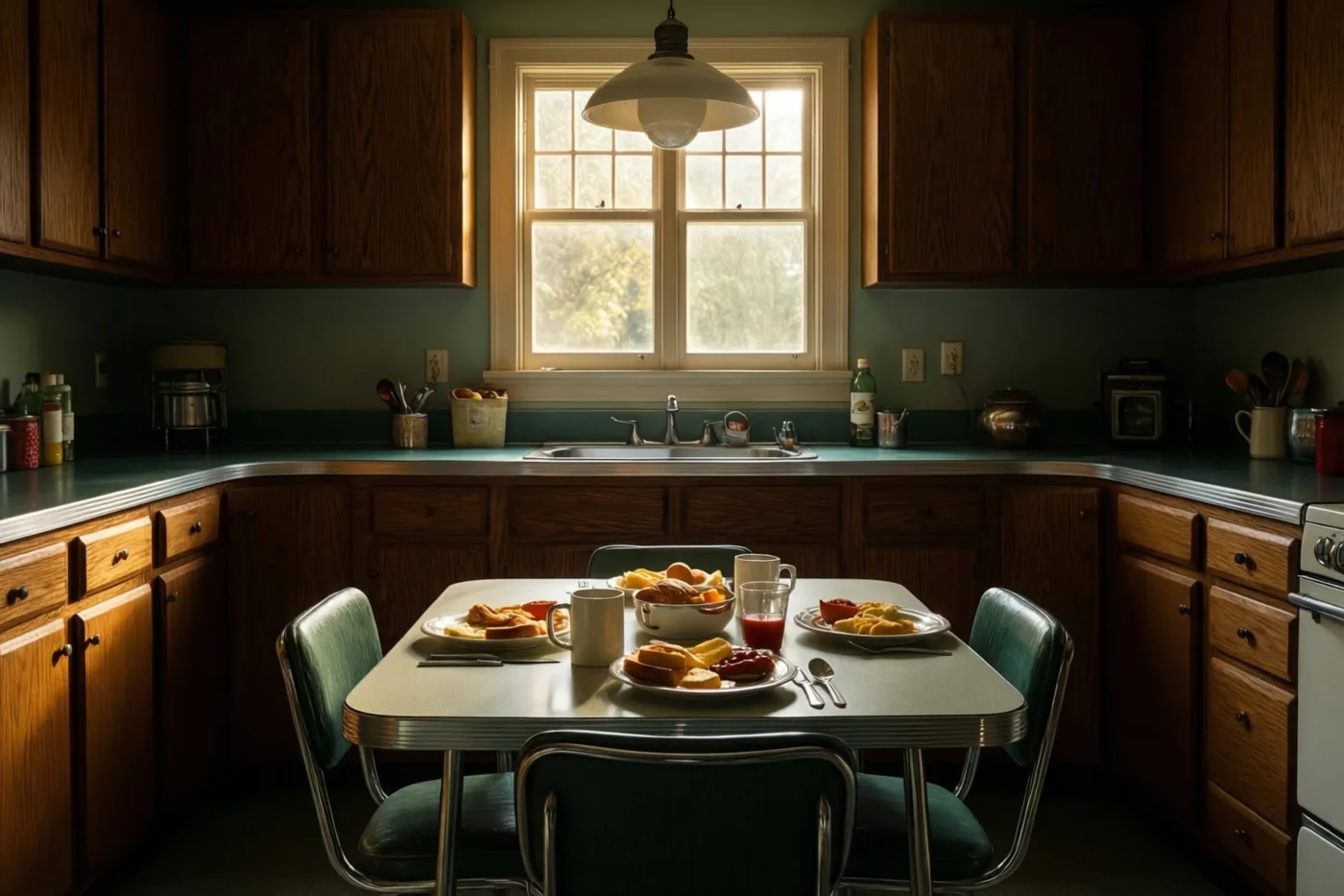 Een keuken uit de jaren vijftig heeft houten kasten, blauwgroene werkbladen en groene stoelen rond een formicatafel die voor het ontbijt is gedekt, met ochtendzon door het raam.