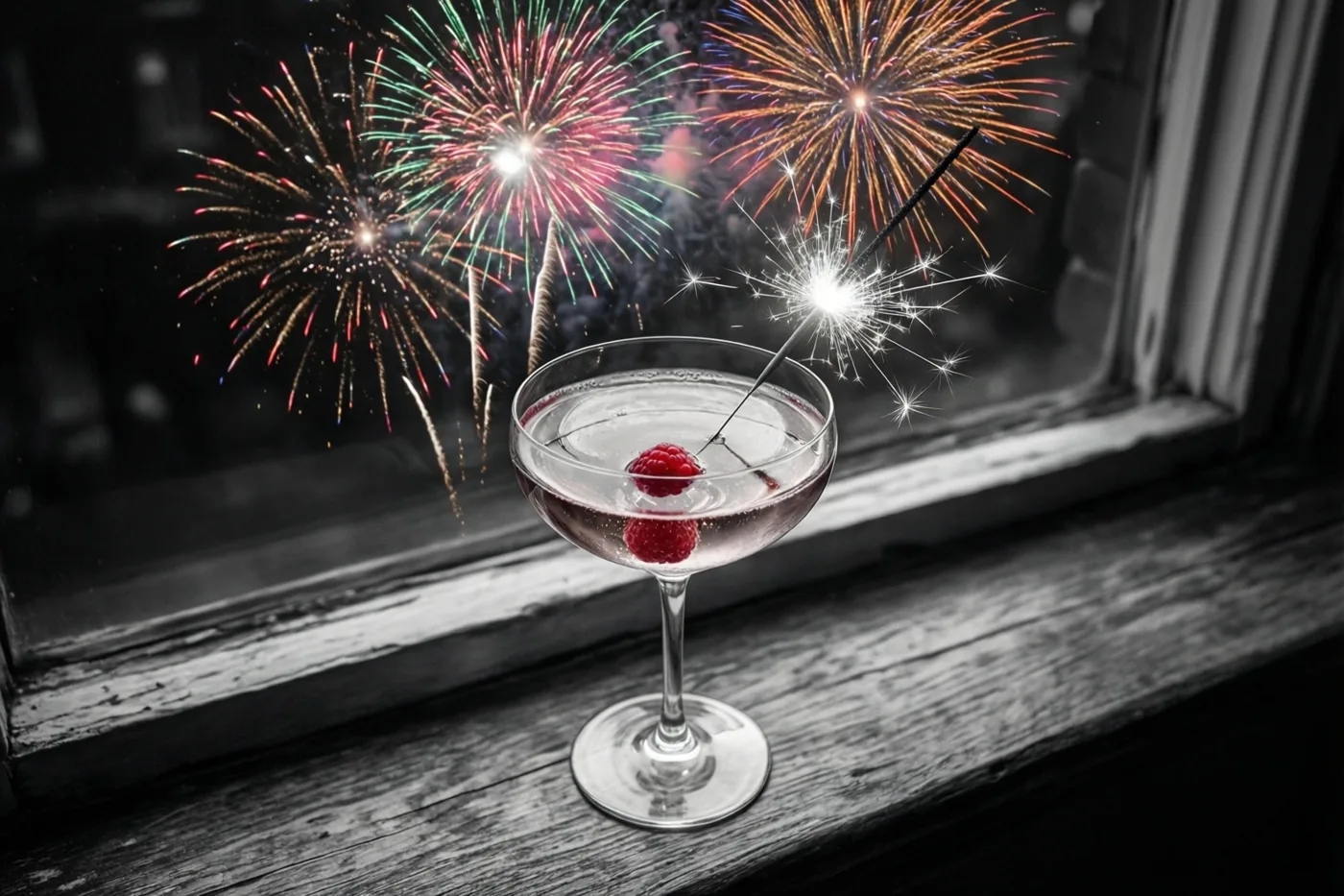 Een glas kir royale met een framboos en een brandend sterretje staat op een houten vensterbank, waarbij de framboos en het vuurwerk buiten in kleur afsteken tegen een zwart-witte omgeving.