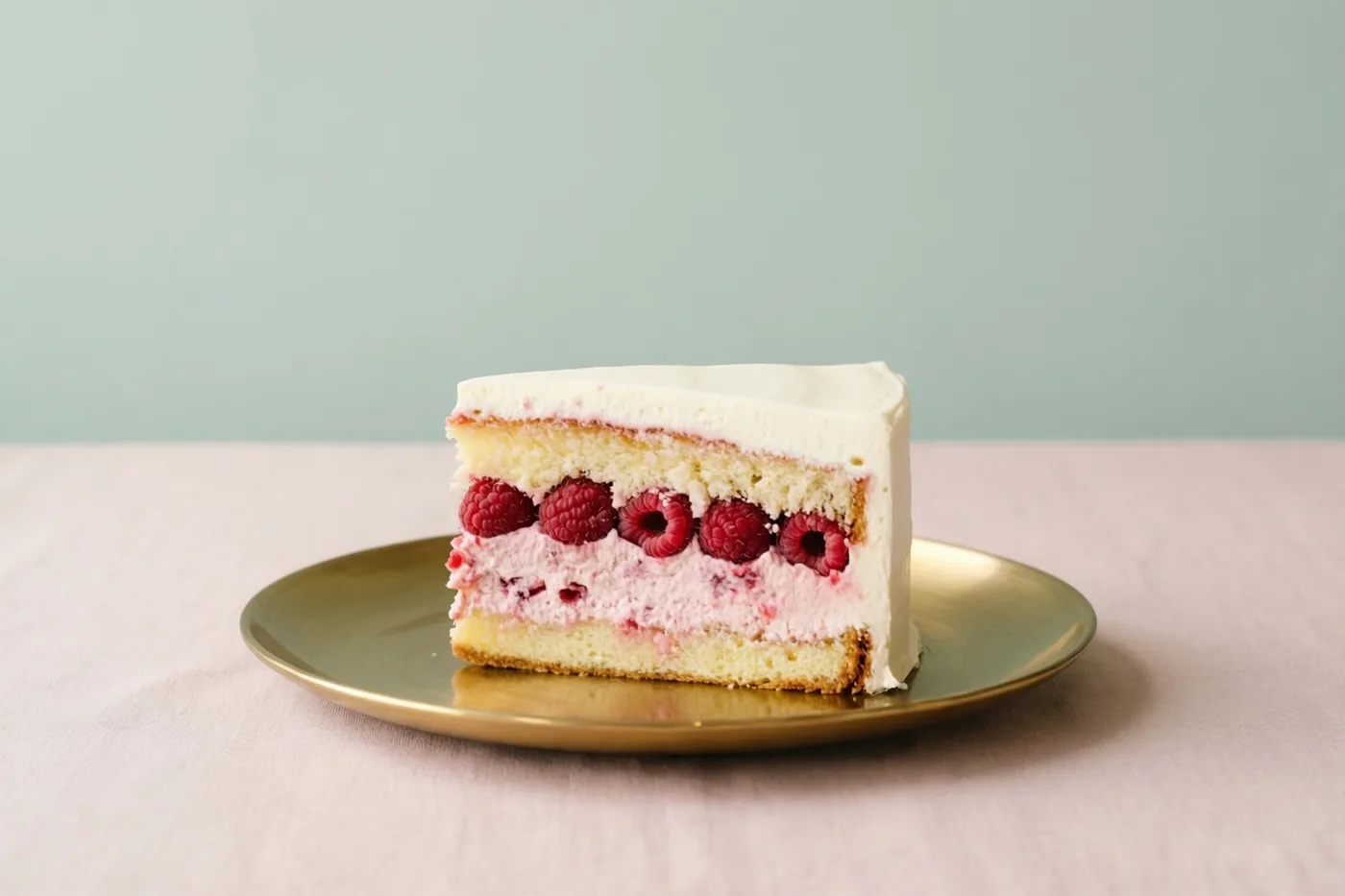 Een stuk laagjestaart met frambozenroom en verse frambozen ligt op een bord met gouden rand op een lichtroze tafelkleed tegen een pastelkleurige achtergrond.