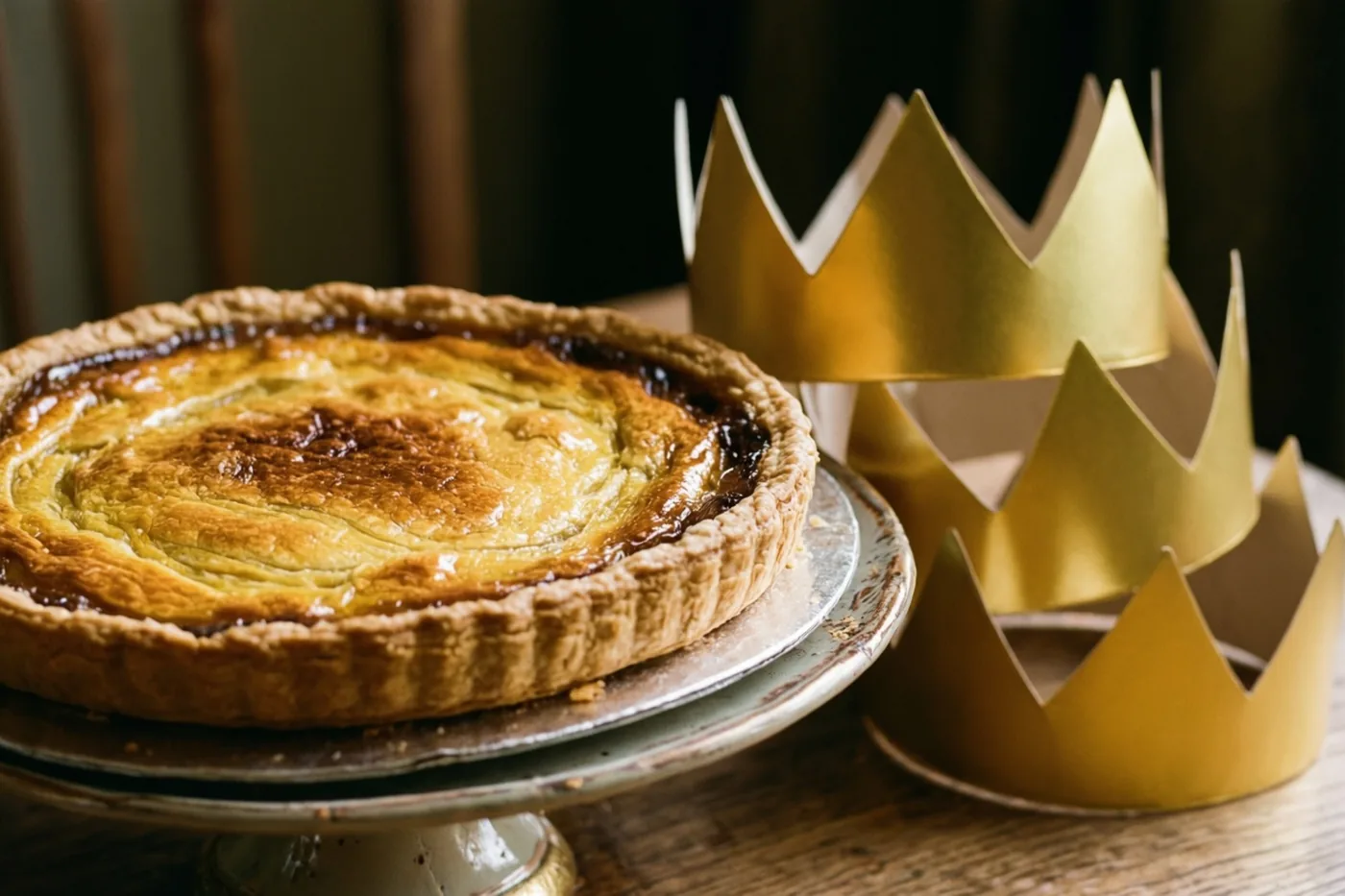 Een goudbruine frangipanetaart staat op een metalen taartstandaard met drie goudkleurige papieren kronen ernaast op een houten oppervlak, in warm licht met een onscherpe achtergrond.