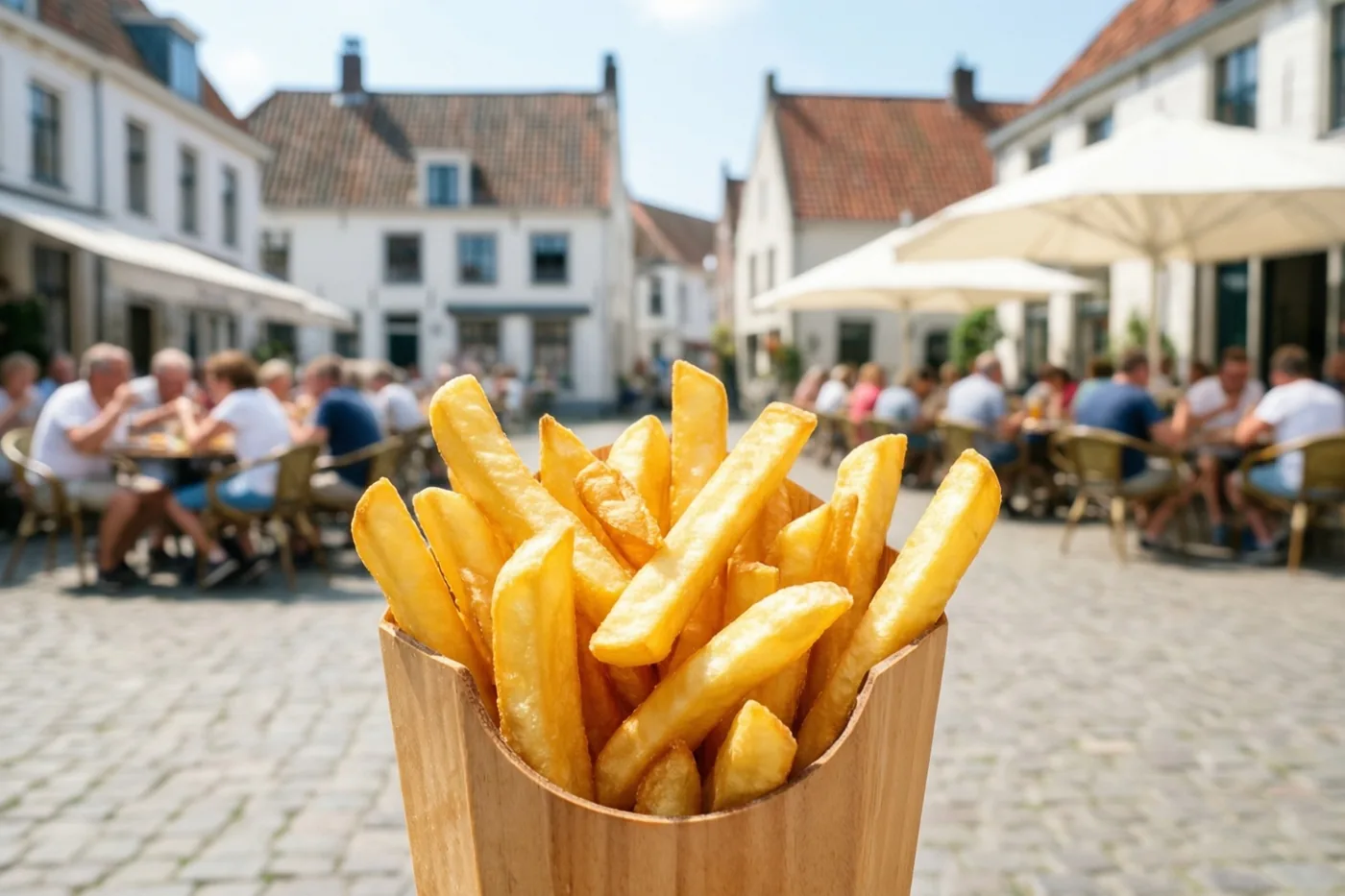 Op de voorgrond staat een houten bakje met goudgele frieten, met onscherp daarachter mensen aan terrastafels op een zonnig kasseiplein met witte gebouwen en rode pannendaken.
