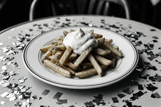 Een zwart-witfoto toont een bord krokante frieten met een toef mayonaise op een cafétafel met confetti.