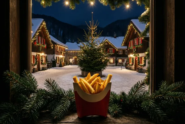 Een rood papieren bakje frieten staat tussen dennentakken op een vensterbank met uitzicht op een besneeuwd dorpsplein met kerstlichtjes, een den en houten huizen bij nacht.