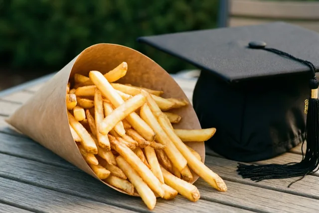 Een grote papieren puntzak goudgele frieten staat op een houten terrastafel naast een zwart afstudeerhoedje, met groen gebladerte op de achtergrond.