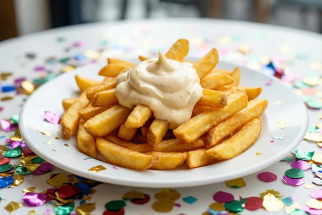 Op een witte tafel met kleurrijke confetti staat een wit bord goudbruine frieten met een toef mayonaise.